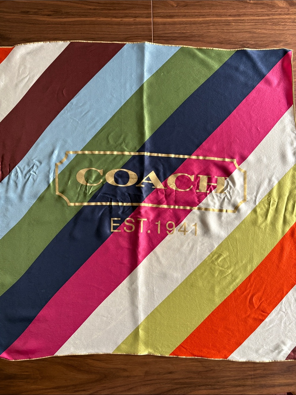 Coach Multicolor Diagonal Stripe Silk Scarf - Pink, Navy, Green, Orange, Cream